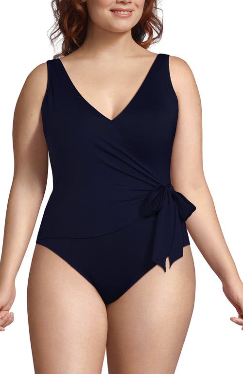 Lands' End Chlorine Resistant Side Tie Wrap High Leg One Piece Swimsuit In Blue