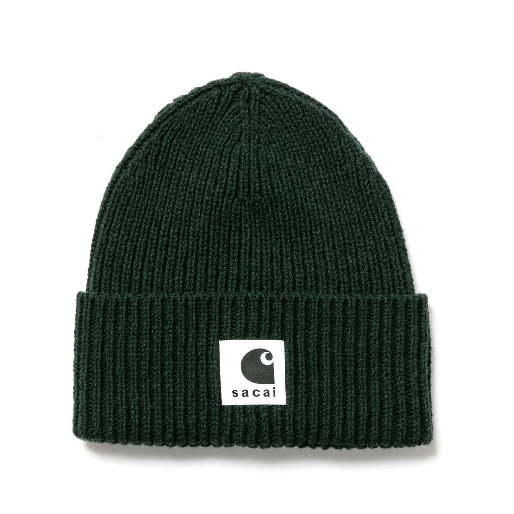Sacai Carhartt Wip Rib Wool & Nylon Logo Beanie In Brown