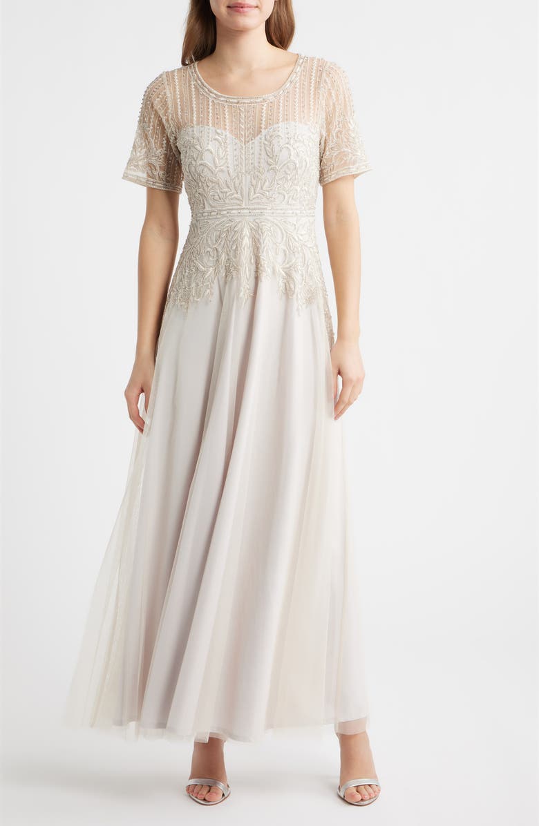 Pisarro Nights Bead Embellished Evening Gown, Main, color, Champagne