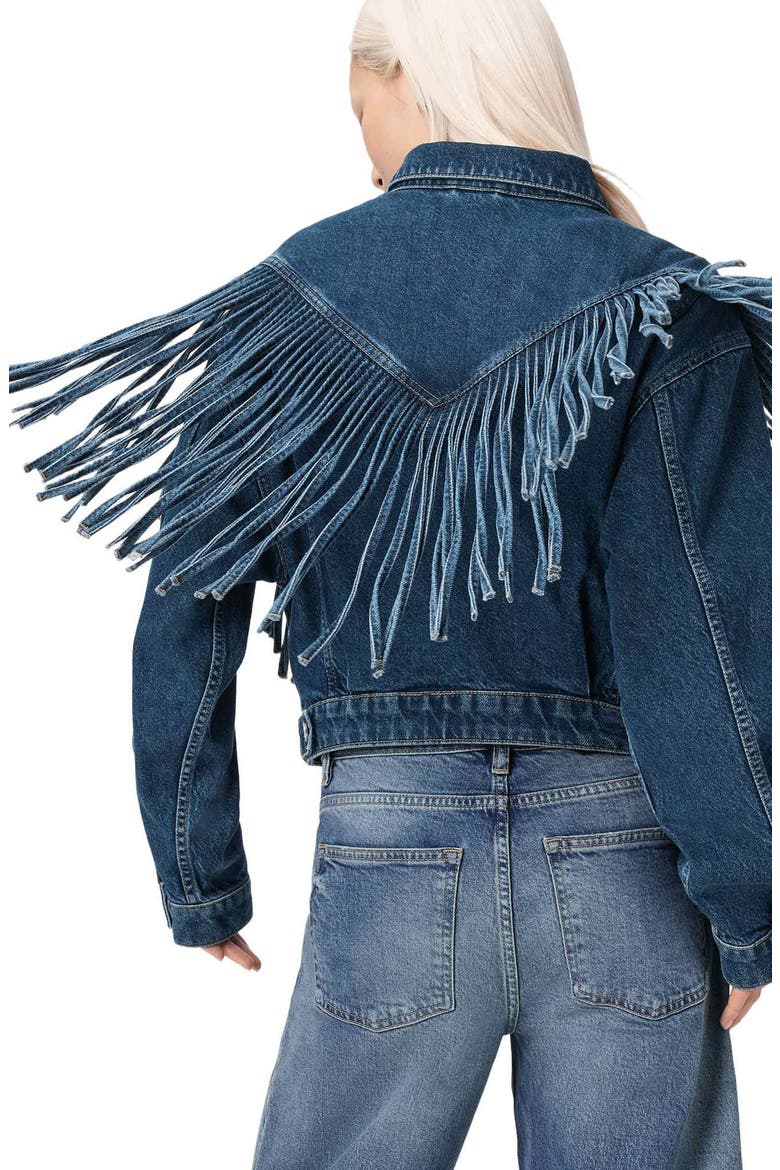 Marlene Fringe Trim Denim Jacket, Alternate, color, DARK INDIGO