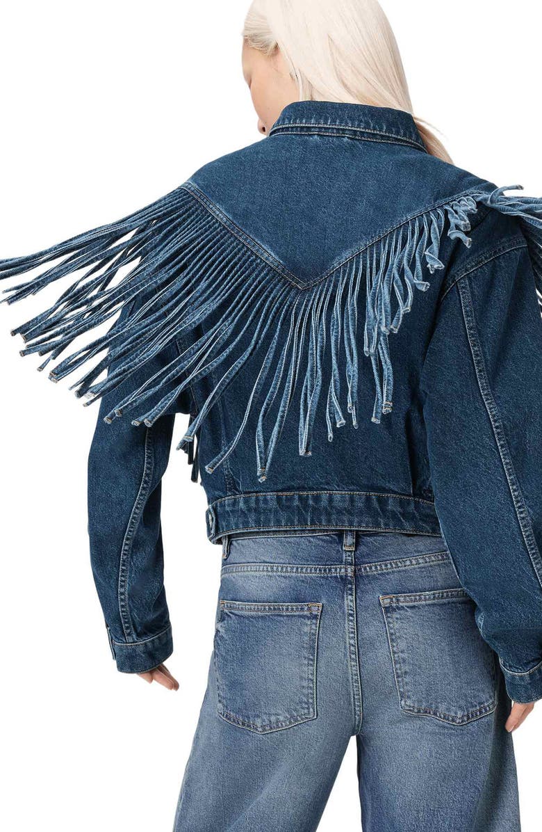 AllSaints Marlene Fringe Trim Denim Jacket, Alternate, color, Dark Indigo