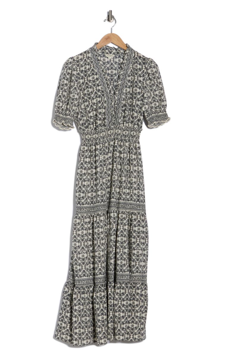 MAX STUDIO Floral Short Sleeve Tiered Maxi Dress, Alternate, color, Cream/ Black Majestic Looms