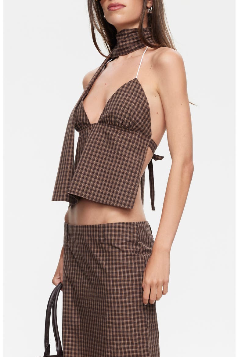 Play On Plaid Halter Top with Neck Scarf, Alternate, color, CHOCOLATE