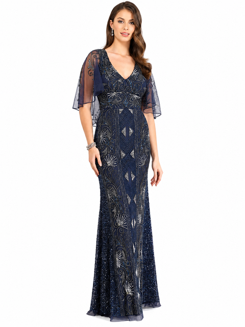 Cape Sleeve Beaded Gown