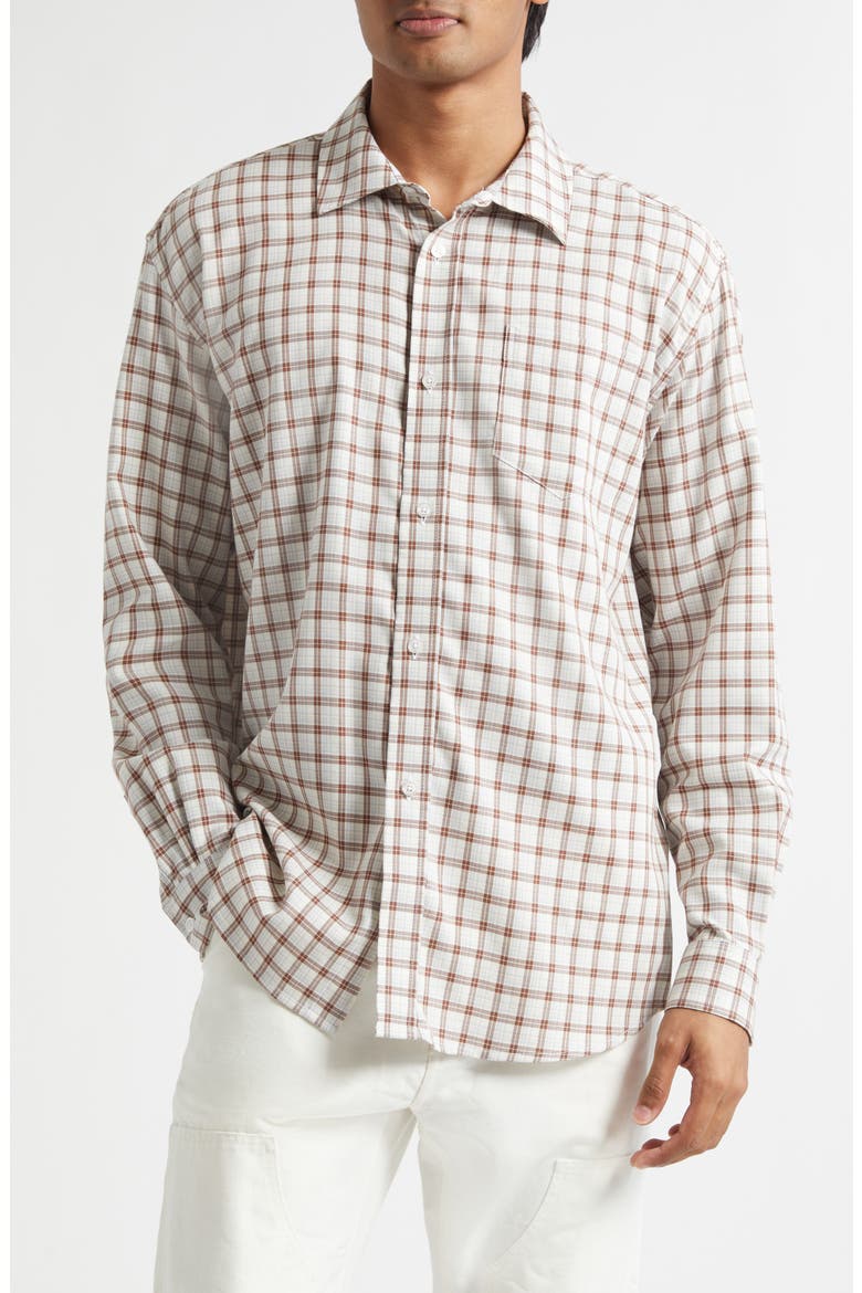 Plaid Cotton & Wool Button-Up Shirt, Main, color, WHITE/ BROWN