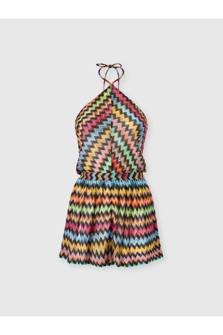 Short Jumpsuit In Lamé Viscose With Micro Zigzag And Halterneck, Main, color, Black & Multicoloured