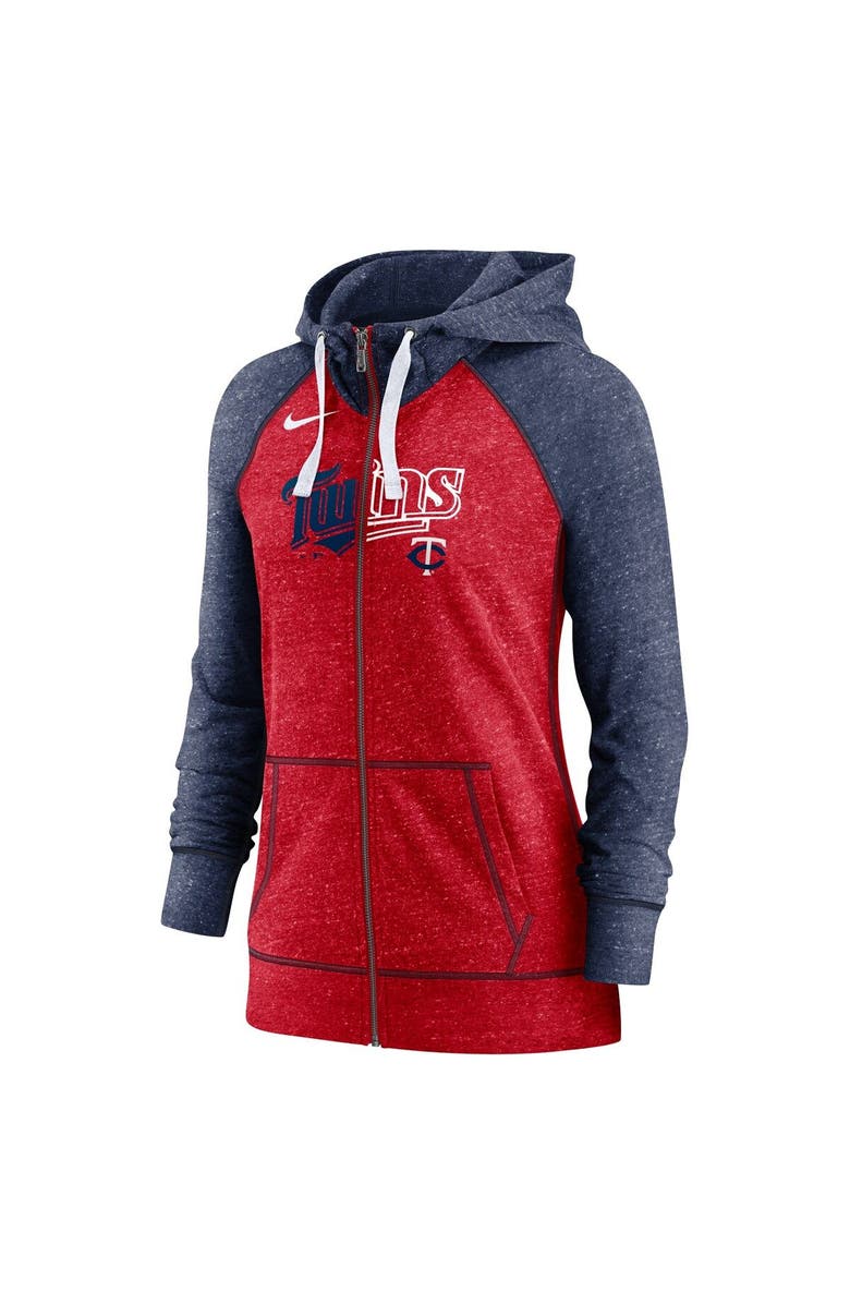 Nike Women's Nike Heather Red/Heather Navy Minnesota Twins Split Wordmark Gym Vintage Raglan Lightweight Full-Zip Hoodie, Alternate, color, Red