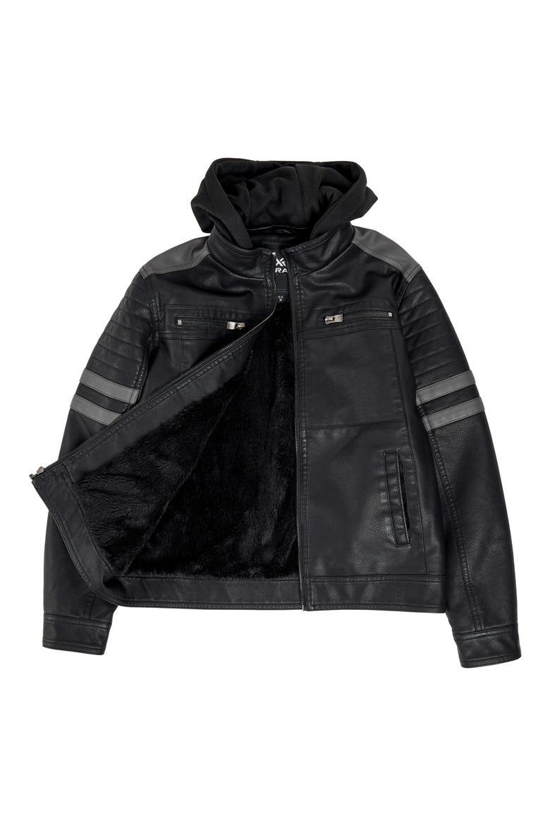 Kids' Hooded Faux Shearling Lined Faux Leather Moto Jacket, Main, color, BLACK/CHARCOAL