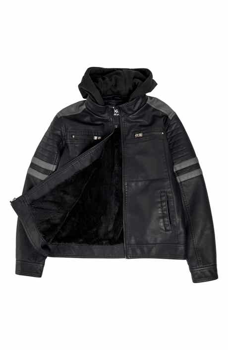 XRAY Kids' Hooded Faux Shearling Lined Faux Leather Moto Jacket