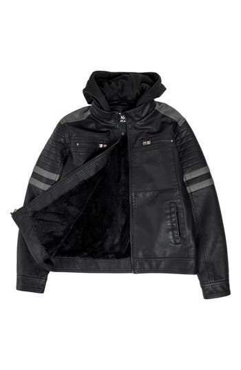 X-ray Xray Kids' Hooded Faux Shearling Lined Faux Leather Moto Jacket In Black