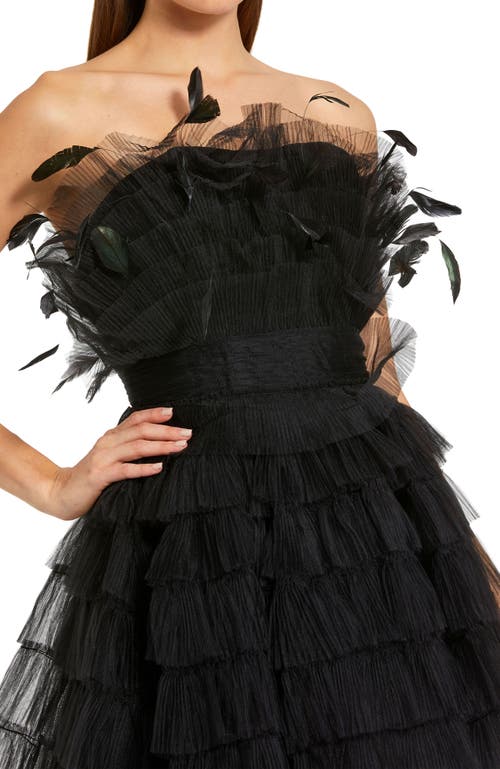 Mac Duggal Feathered Strapless Tulle Fit And Flare Dress In Black