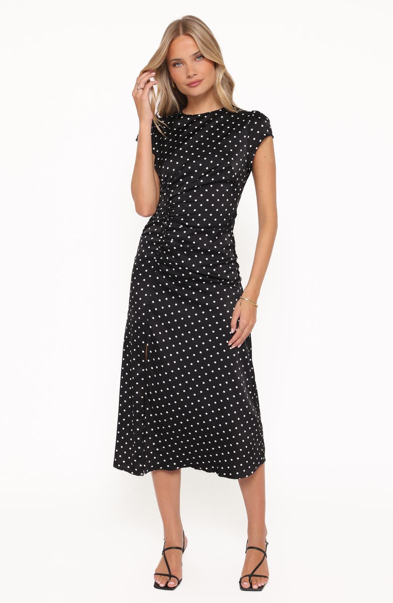 Petal & Pup Lisbeth Polka Dot Cap Sleeve Satin Midi Dress, Alternate, color, Black Polka Dot