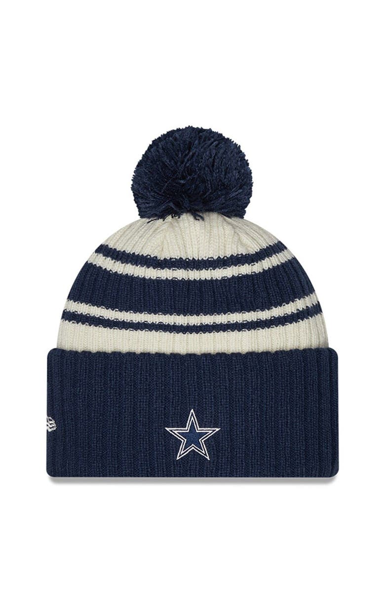 New Era Men's New Era Cream/Navy Dallas Cowboys 2022 Sideline Sport Cuffed Pom Knit Hat, Alternate, color, 