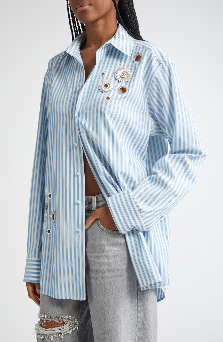 Area Crystal Embellished & Grommet Stripe Poplin Button-Up Shirt, Alternate, color, White/ Blue