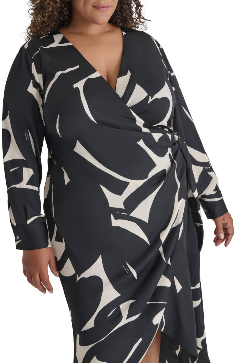 DKNY Long Sleeve Midi Dress, Alternate, color, Black/ Eggshell