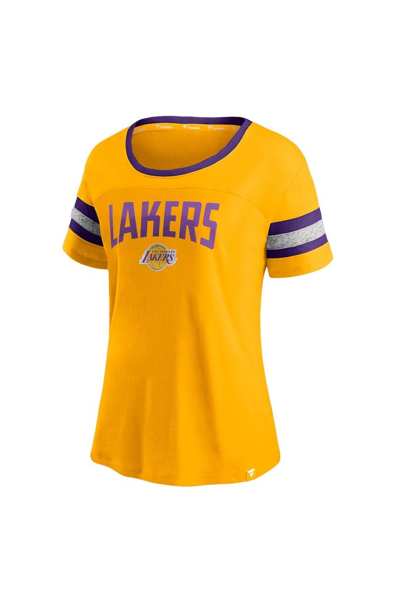 FANATICS Women's Fanatics Branded Gold/Heathered Gray Los Angeles Lakers Block Party Striped Sleeve T-Shirt, Alternate, color, 