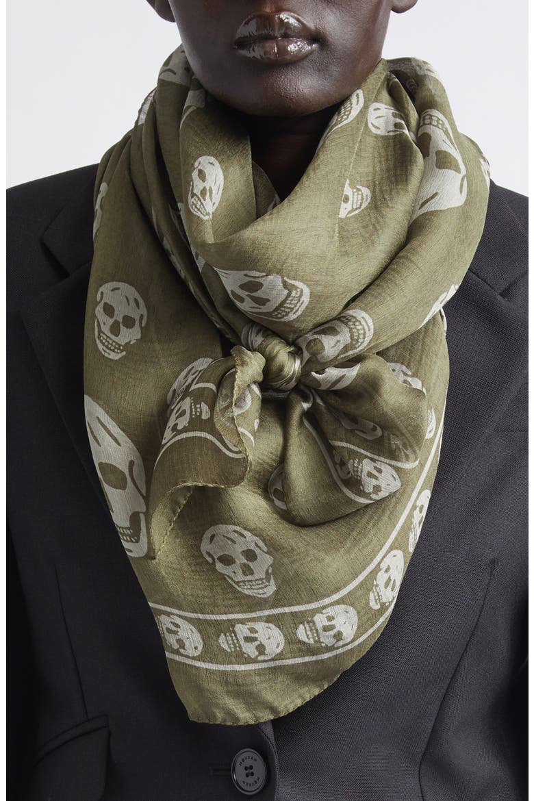 Skull Print Silk Scarf, Alternate, color, OLIVE