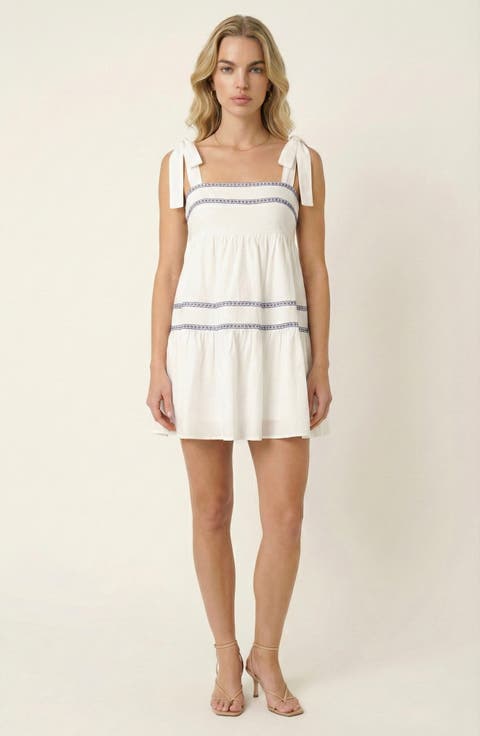 Sleeveless Tiered Mini Dress with Embroidered Trim and Tie Straps