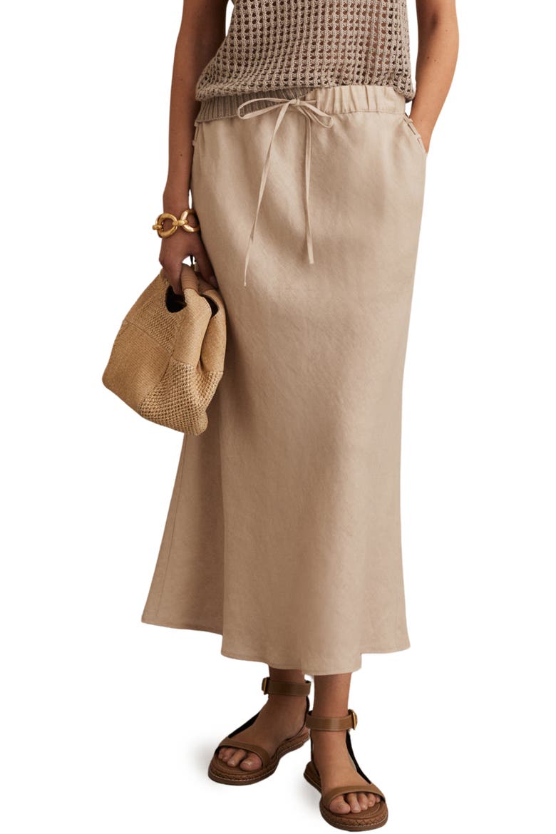 Roxi Drawstring Waist Linen Midi Skirt, Main, color, NEUTRAL