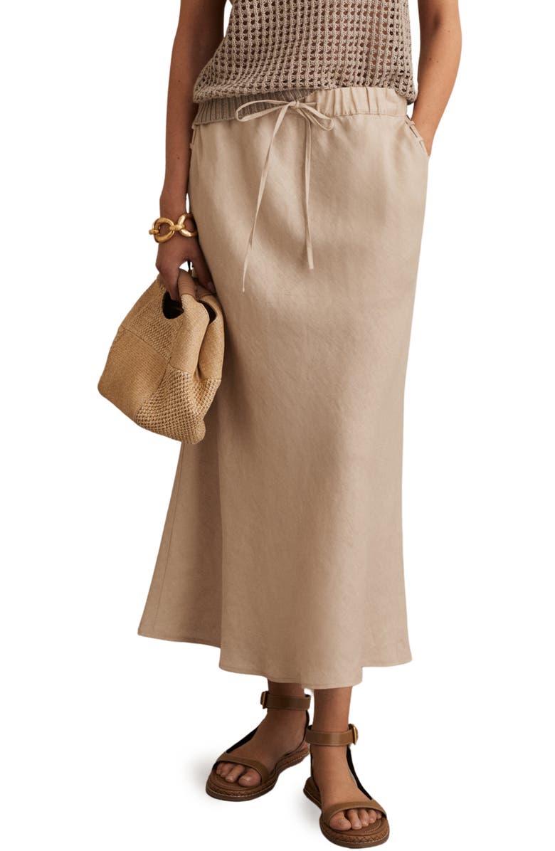 Reiss Roxi Drawstring Waist Linen Midi Skirt, Main, color, Neutral