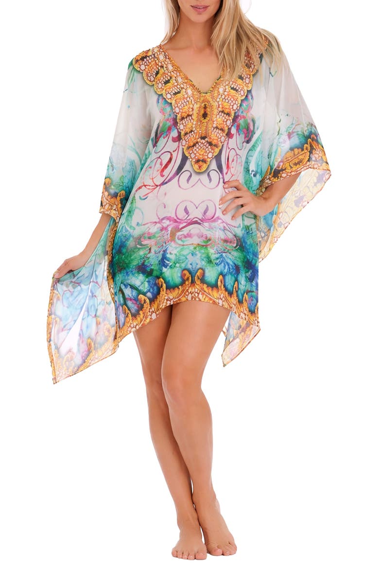Filigree Print Poncho, Main, color, WHITE