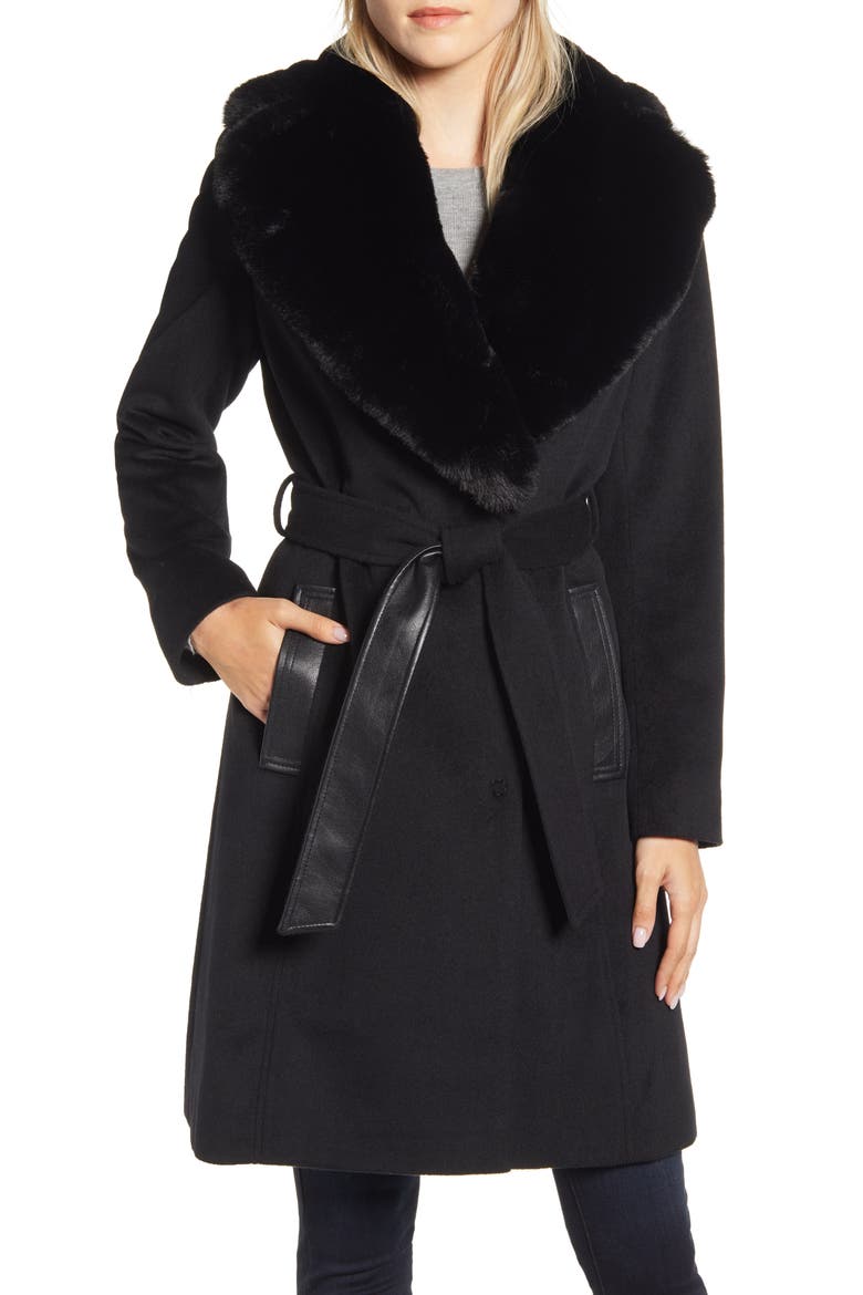 Faux Leather & Wool Blend Coat with Faux Fur Collar, Main, color, BLACK