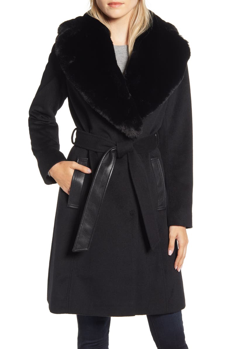 Via Spiga Faux Leather & Wool Blend Coat with Faux Fur Collar, Main, color, 