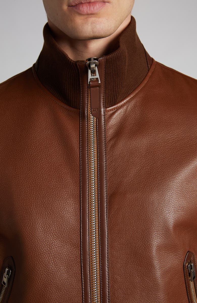 TOM FORD Tumbled Leather Track Bomber Jacket, Alternate, color, Kb292 Tan