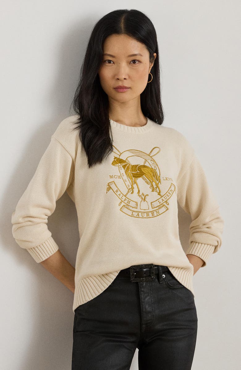 Lauren Ralph Lauren Embroidered Crewneck Sweater, Alternate, color, Mascarpone Cream