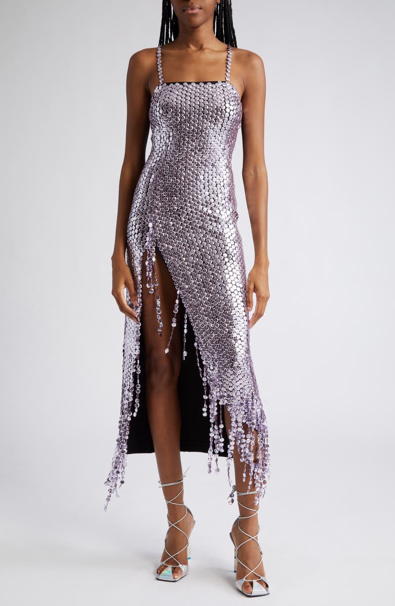 The Attico Avery Embellished Square Neck Fringe Dress, Main, color, 