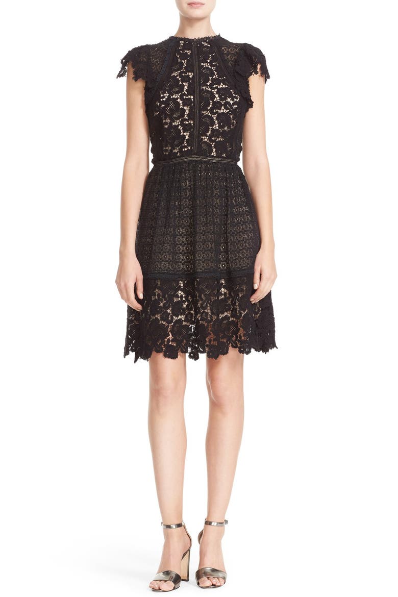 Mix Lace A-Line Dress, Main, color, BLACK