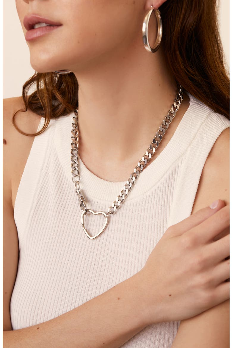 Jena Heart Pendant Curb Chain Necklace, Alternate, color, SILVER