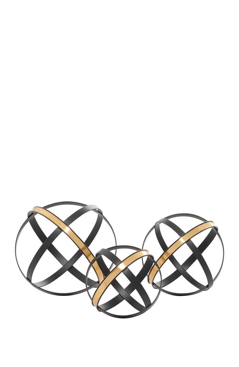 WILLOW ROW Black Metal Geometric Sculpture with Goldtone Accents - Set of 3, Main, color, 
