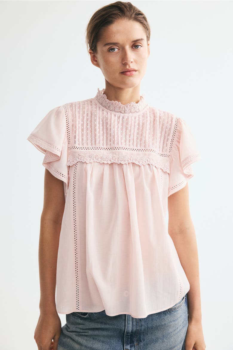 Lace-trimmed Flutter-sleeved Blouse, Main, color, Light pink