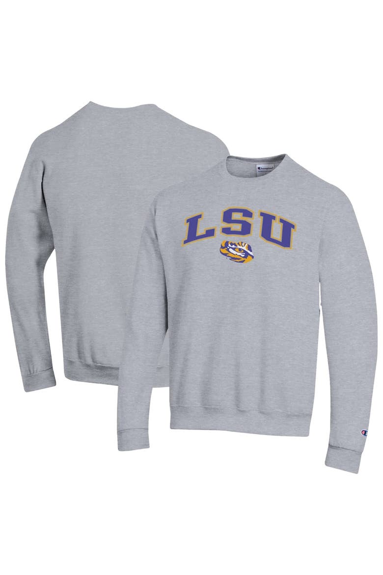 Men's Champion  Heather Gray LSU Tigers Arch Over Logo Pullover Sweatshirt, Main, color, Heather Gray