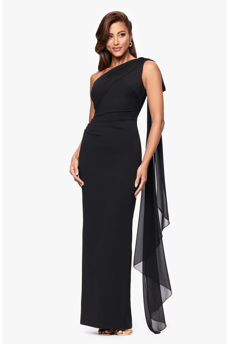 Scarf Detail One-Shoulder Scuba Crepe Sheath Gown, Alternate, color, BLACK