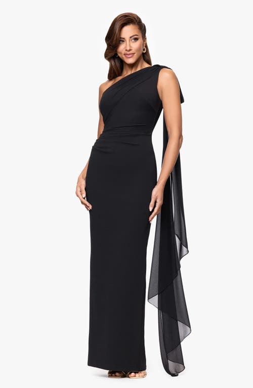 Xscape Evenings Scarf Detail One-shoulder Scuba Crepe Sheath Gown In Black