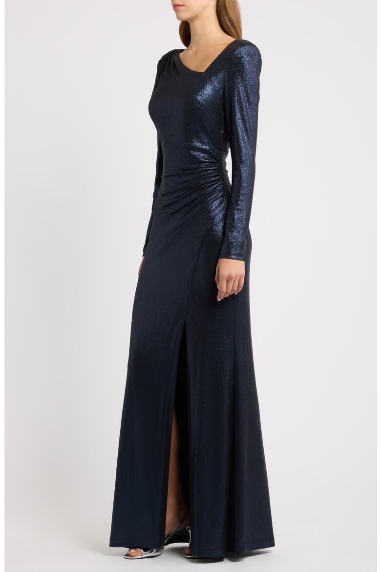 Ruched Metallic Long Sleeve Gown, Alternate, color, NAVY