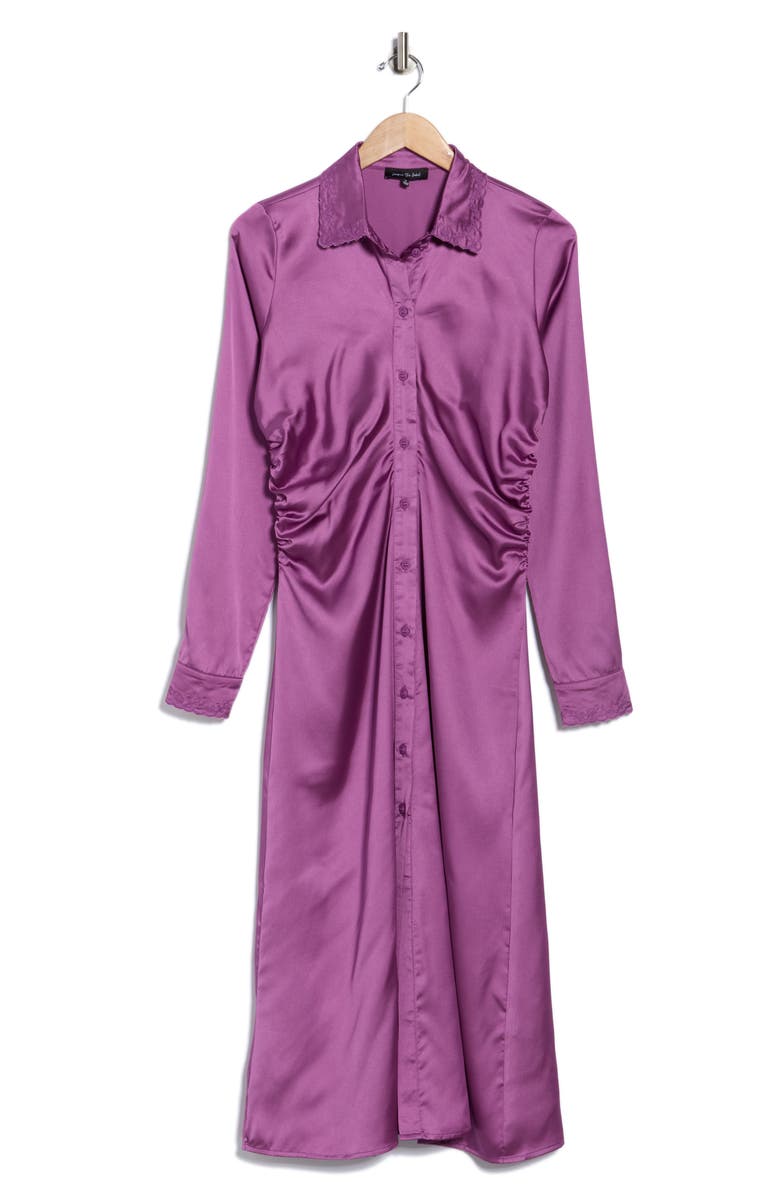 JACQUIE THE LABEL Madison Ruched Long Sleeve Satin Midi Shirtdress, Alternate, color, Plum