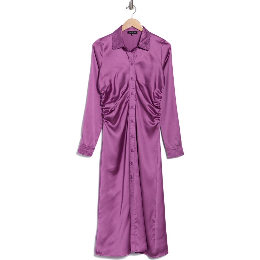 Jacquie The Label Madison Ruched Long Sleeve Satin Midi Shirtdress In Purple