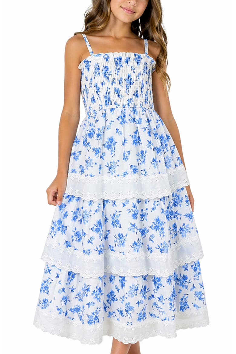 Kids' Smocked Bodice Maxi Dress, Alternate, color, WHITE/ BLUE