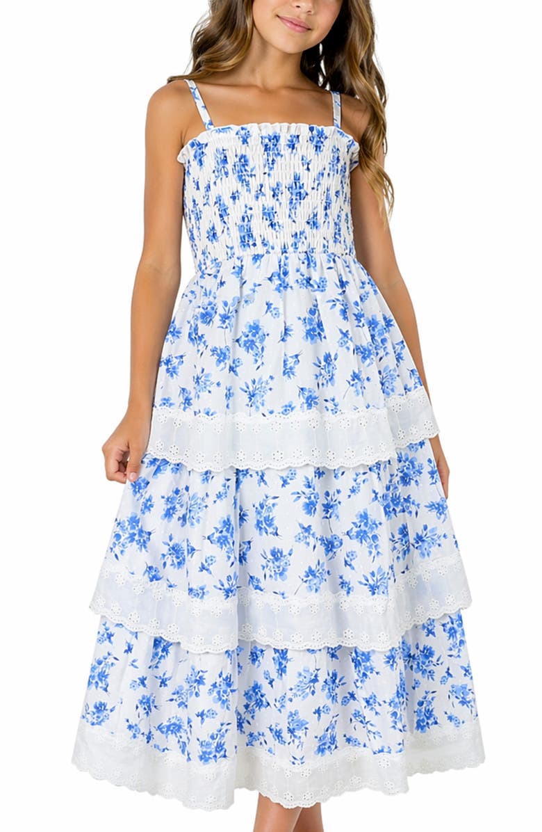 Zunie Kids' Smocked Bodice Maxi Dress, Alternate, color, White/ Blue