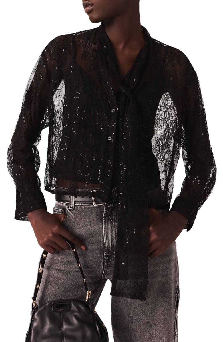 maje Lace pussy bow shirt, Alternate, color, Black