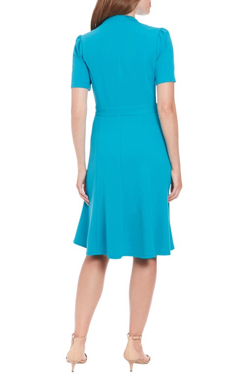 London Times Front Zip Short Sleeve Fit & Flare Dress In B Reef Blue