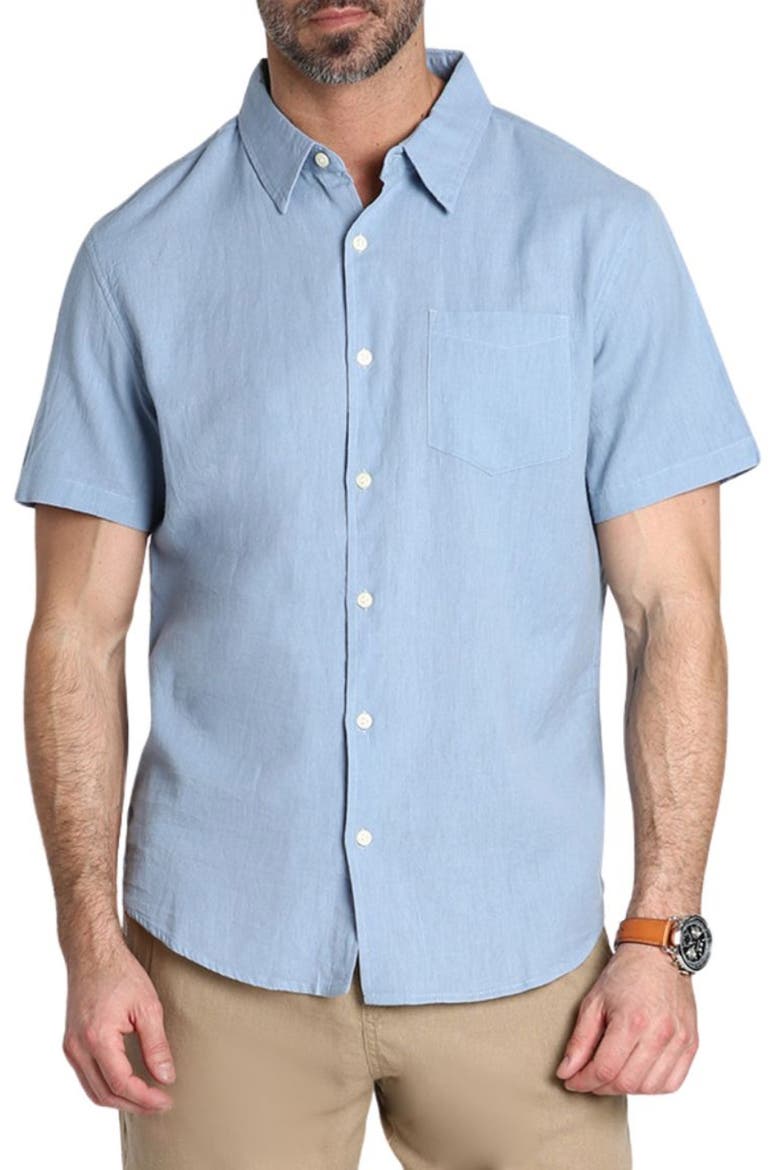 Linen & Cotton Blend Short Sleeve Button-Up Shirt, Main, color, LIGHT BLUE