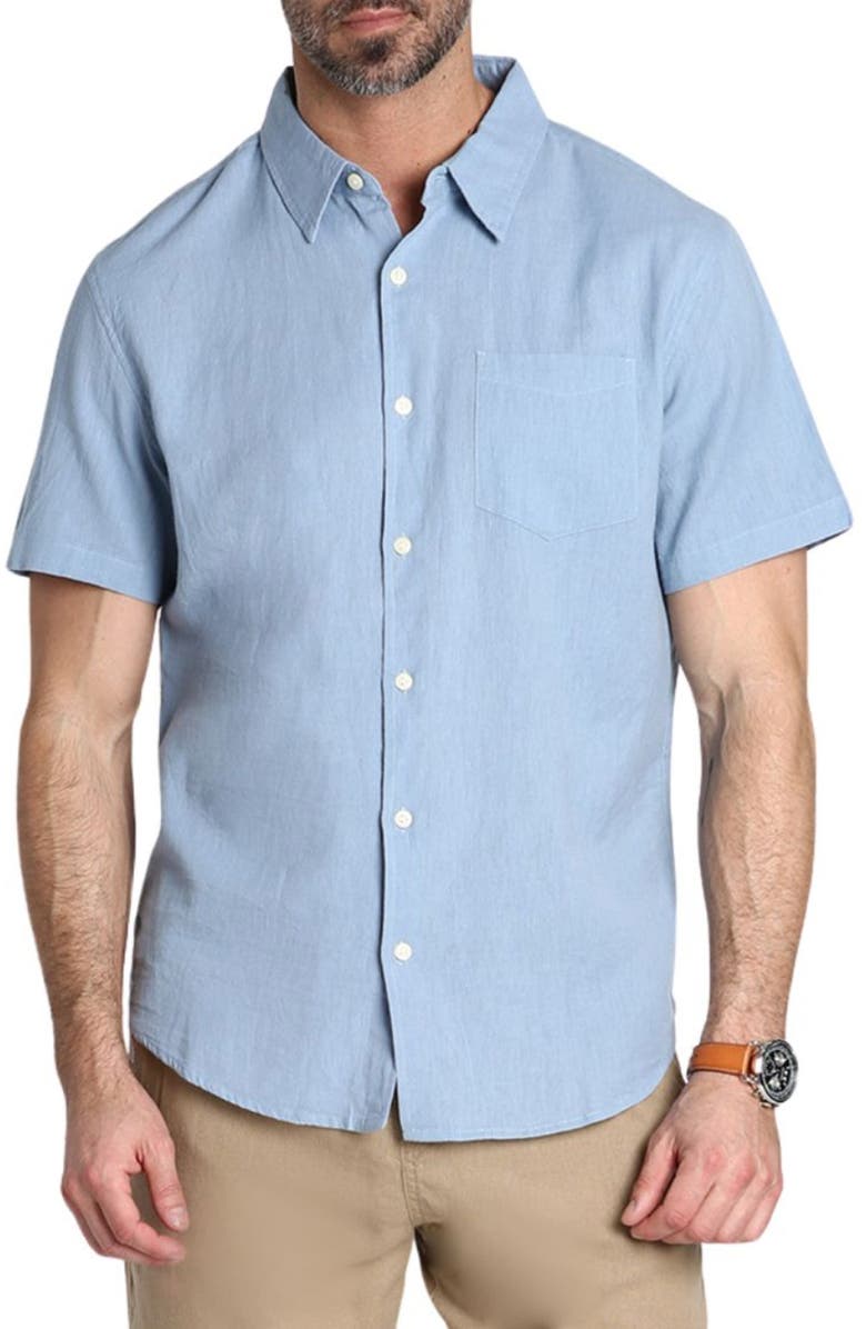 JACHS Linen & Cotton Blend Short Sleeve Button-Up Shirt, Main, color, Light Blue