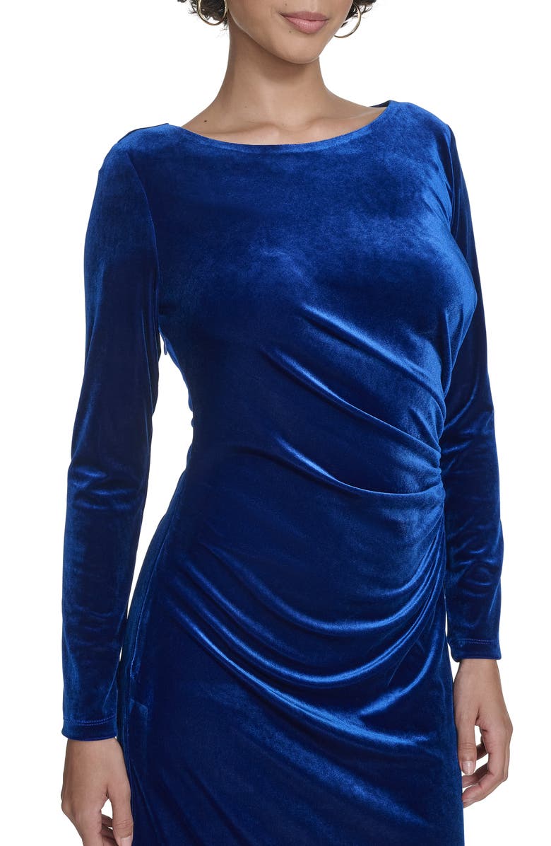 Calvin Klein Long Sleeve Ruched Velvet Gown, Alternate, color, Sapphire