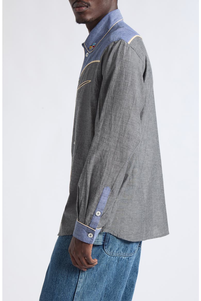 Embellished Two-Tone Chambray Western Button-Up Shirt, Alternate, color, BLUE BLACK