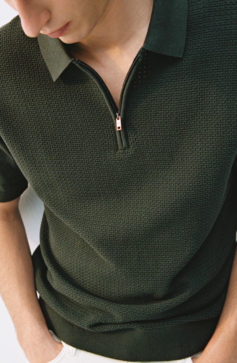 MANGO Openwork Knit Quarter Zip Polo, Alternate, color, Khaki Green