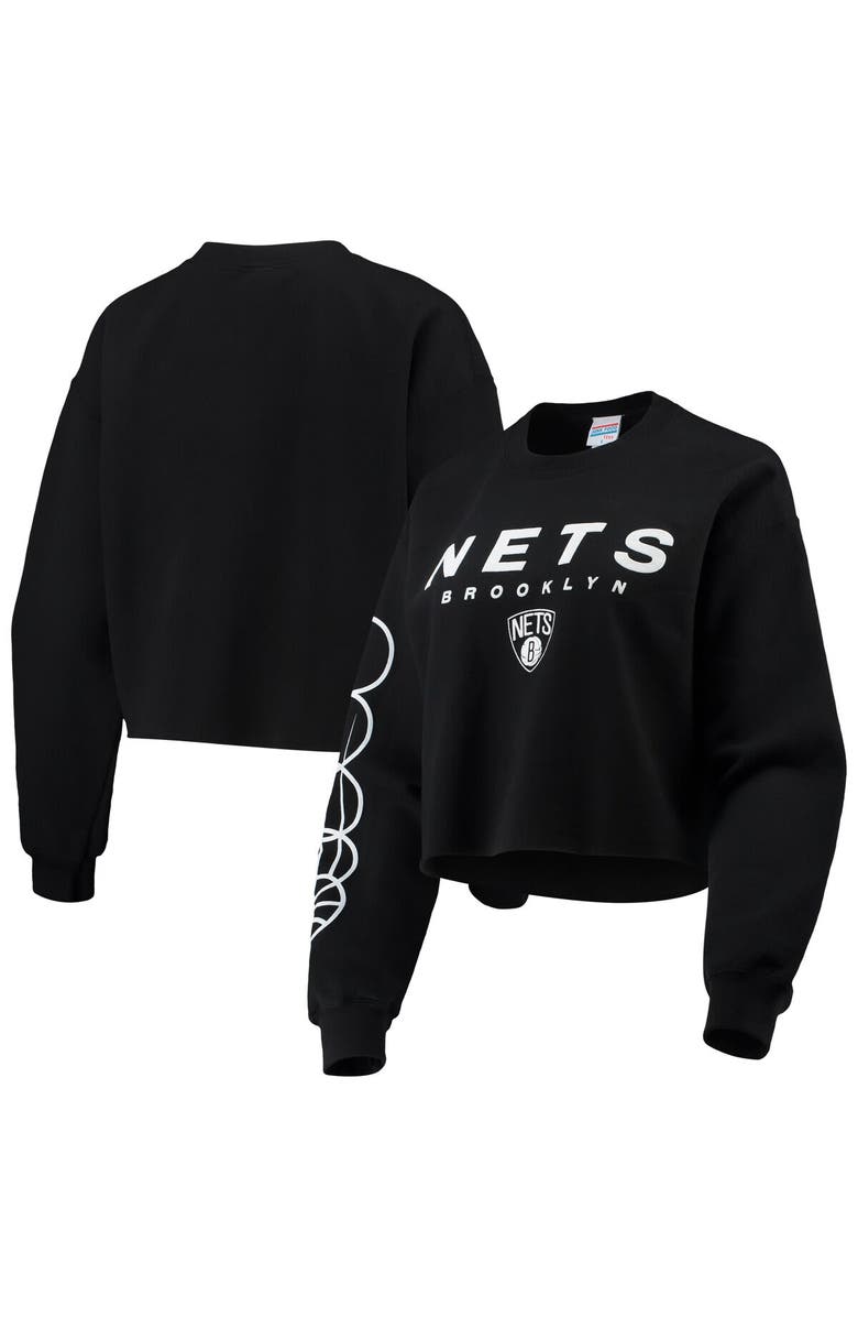 Junk Food Women's Junk Food Black Brooklyn Nets Cut Off Moderate Crop Fleece Crew Sweatshirt, Alternate, color,